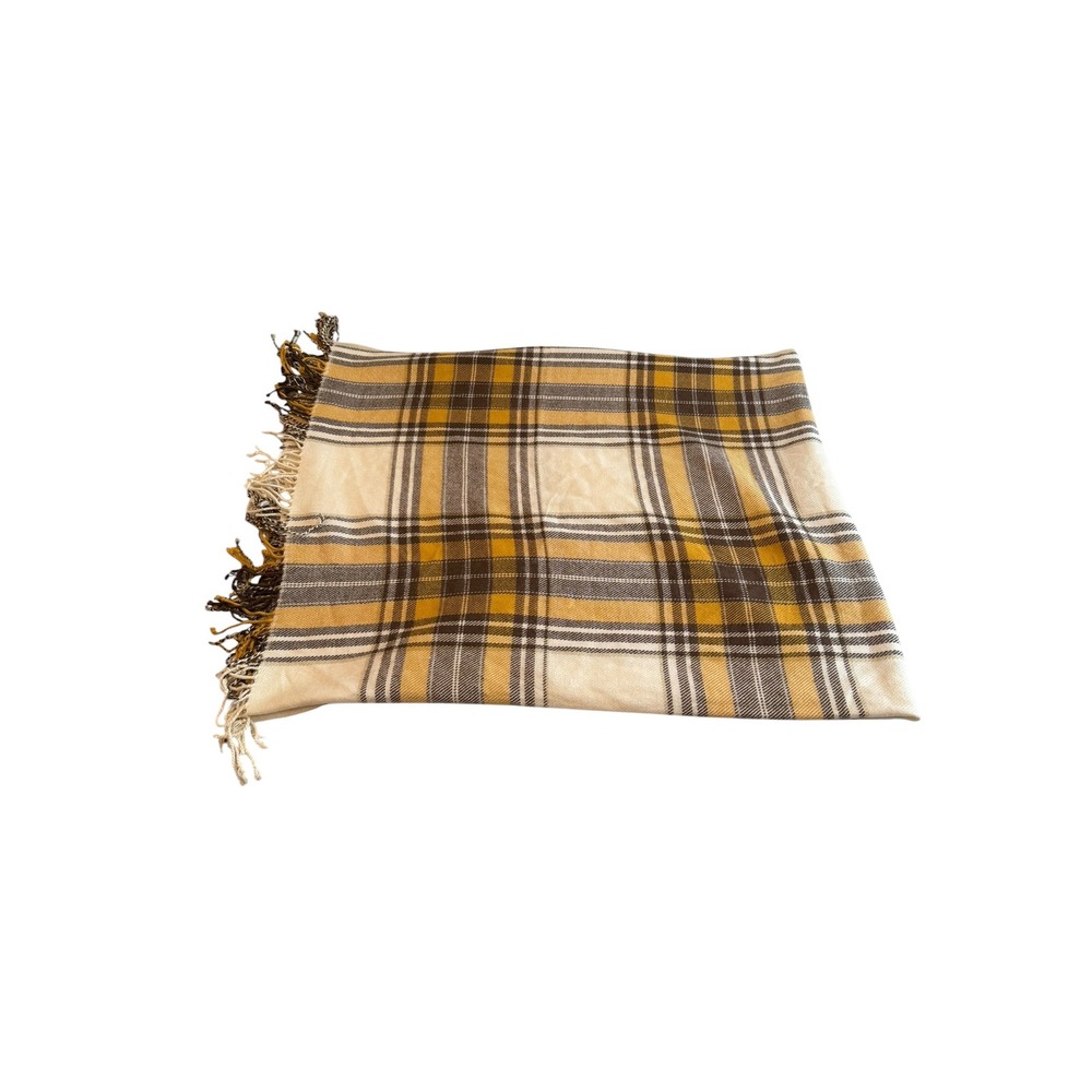 Pottery Barn Plaid Throw Blanket Mustard Yellow Brown Cream Tassel Fringe 50x60